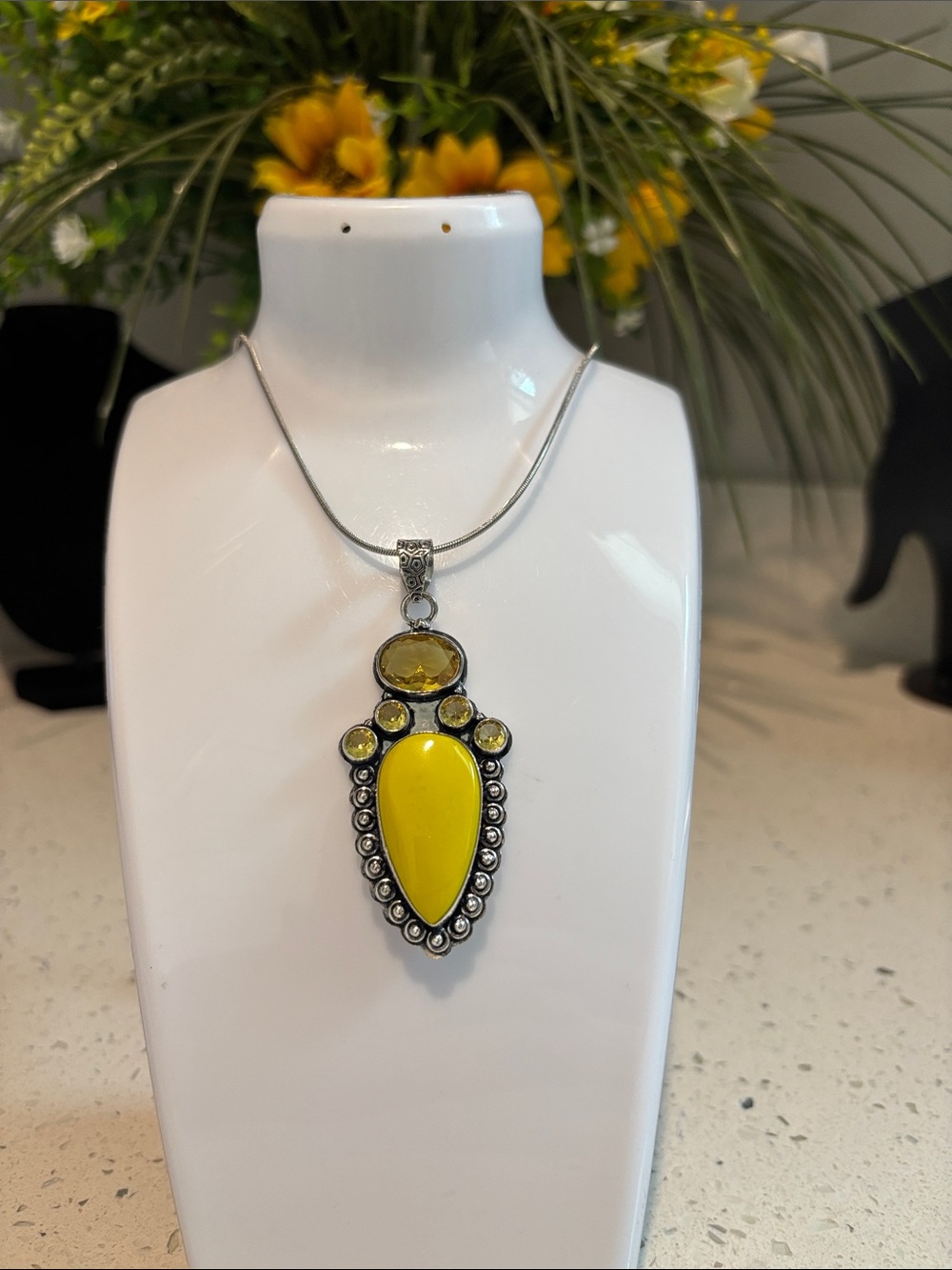 Yellow Turquoise & Citrine Gemstone Ethnic Handmade Pendant Necklace